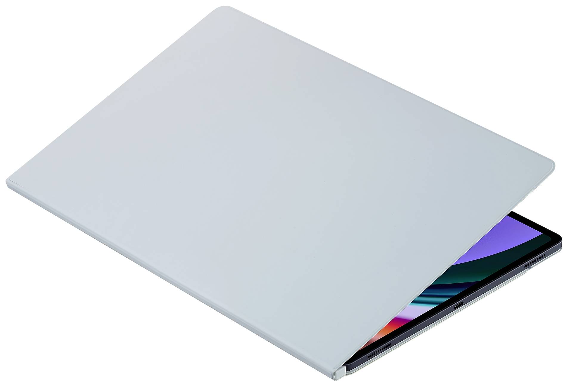 Un laptop parzialmente aperto con uno schermo colorato che mostra un design moderno e minimalista.