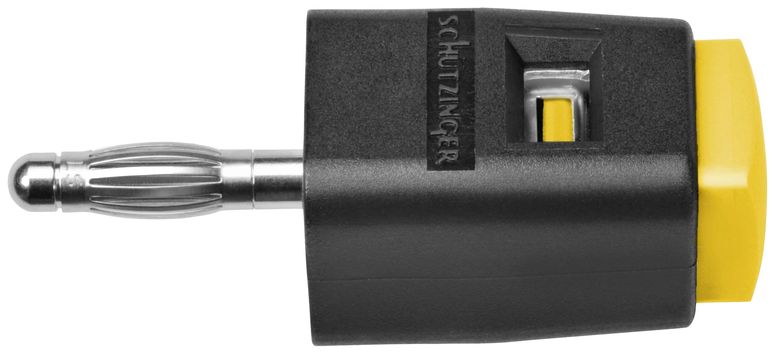 Spina elettronica nera e gialla, posizionata orizzontalmente, con contatti metallici, adatta per connessioni precise nei dispositivi.