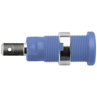 Un connettore elettrico con involucro in plastica blu, anello metallico e un perno metallico sul lato sinistro.