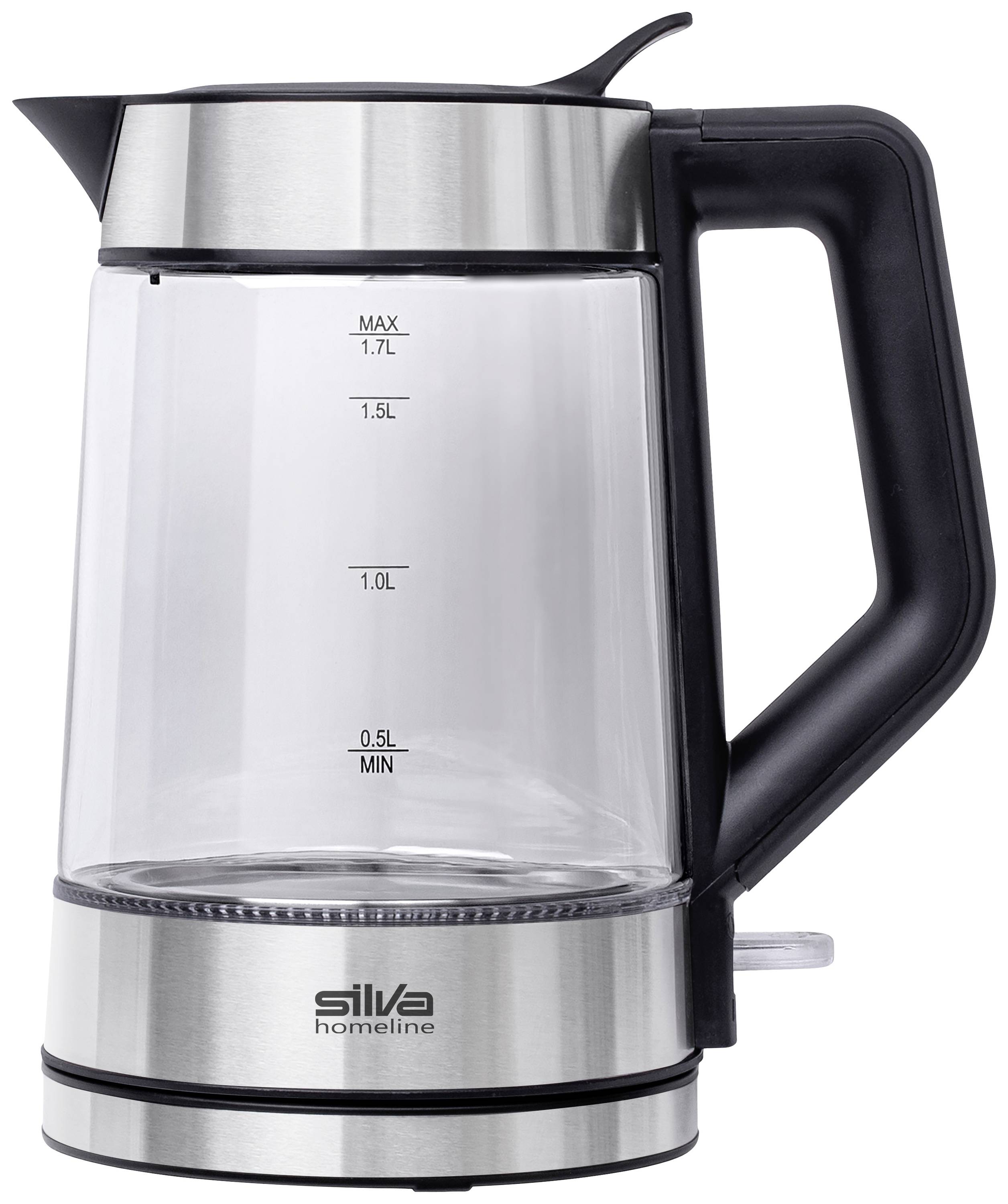 Un bollitore trasparente con manico nero ed elementi in acciaio inox mostra linee graduate stampate da 0,5 a 1,7 litri.