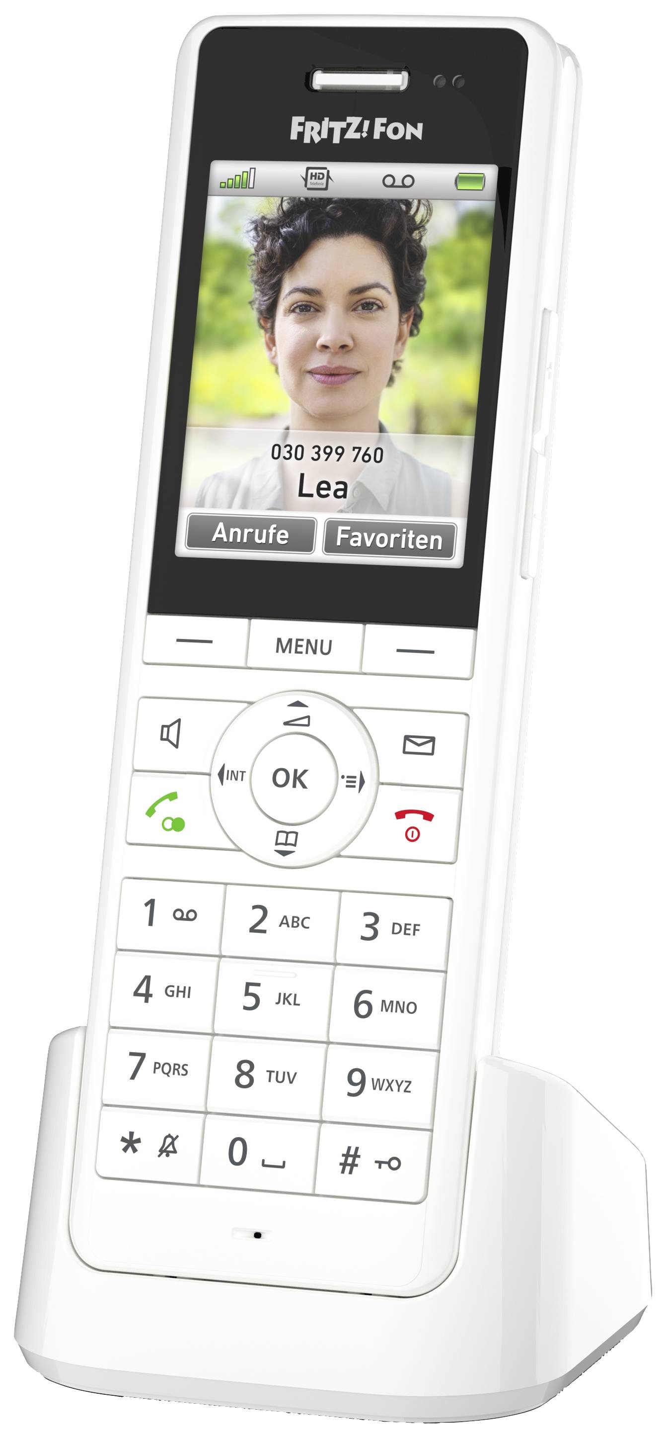 Telefono cordless con chiamata da 'Lea', numero '030 399 760'. Opzioni per chiamare o aggiungere ai preferiti sul display.