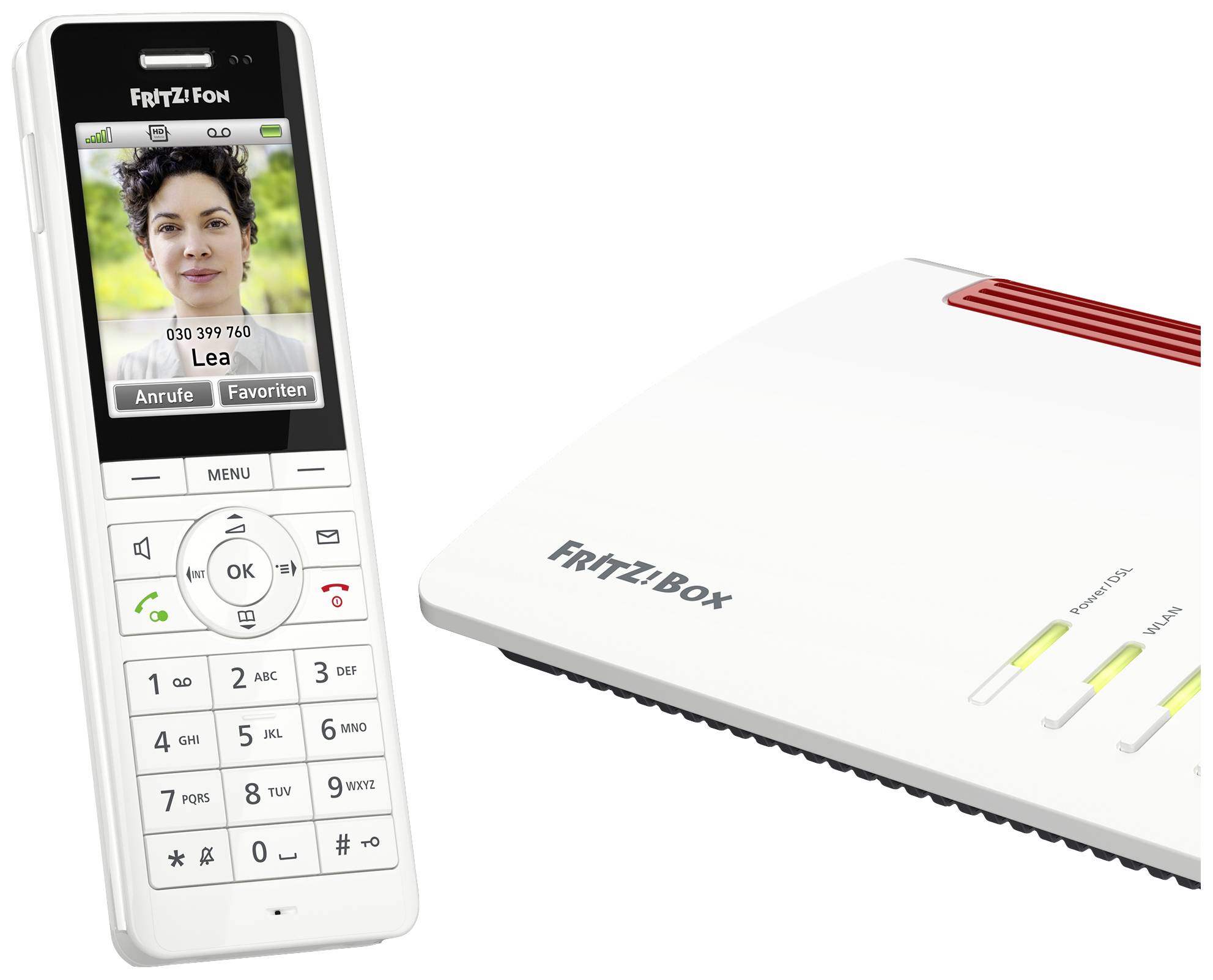 Telefono cordless con display, mostra una persona e le opzioni 'Chiamate', 'Preferiti'. Accanto un router con indicatori LED.