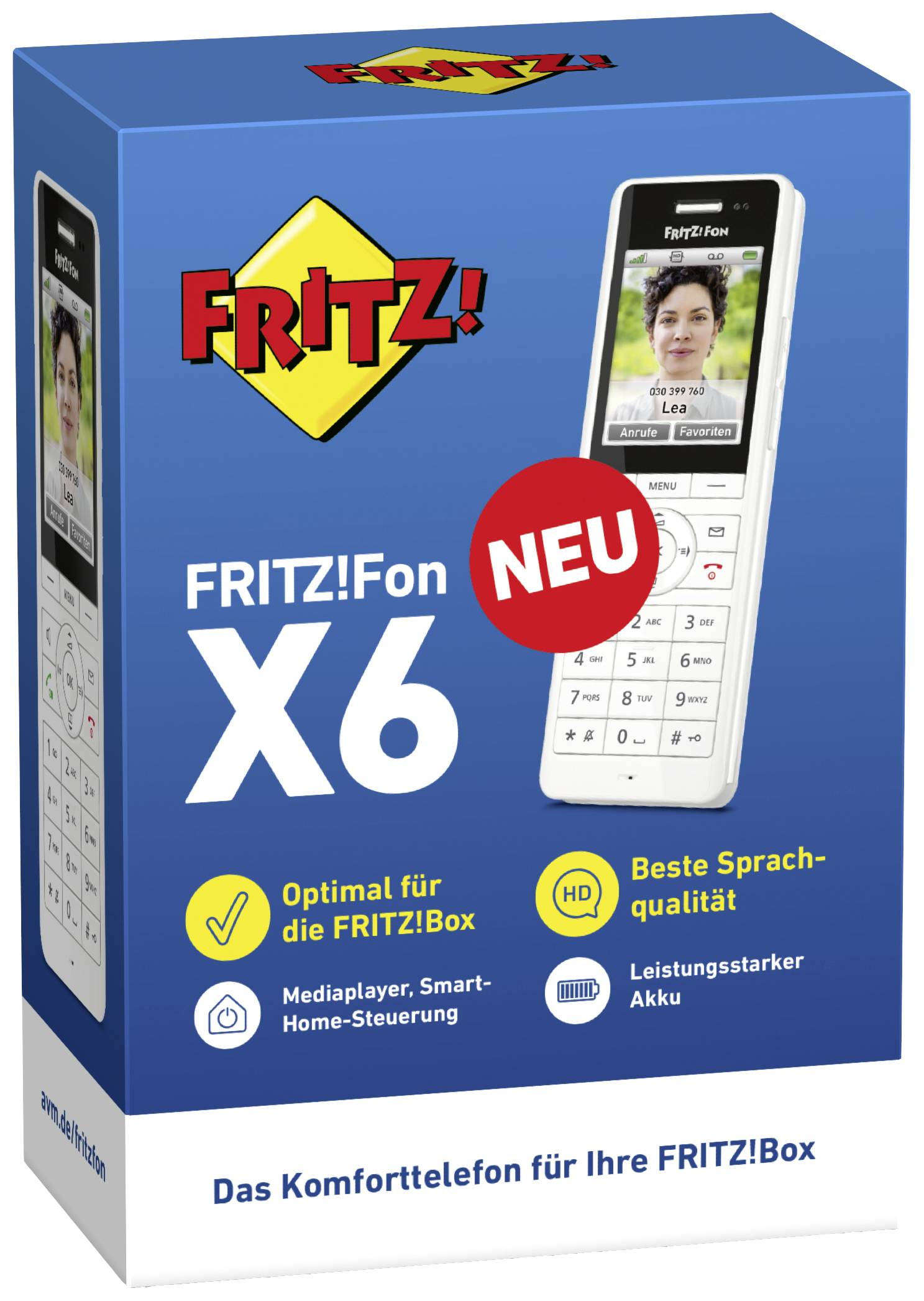 Confezione di un telefono cordless con la scritta 'FRITZ!Fon X6 NUOVO'. Caratteristiche: utilizzo ottimale con FRITZ!Box, qualità audio HD, lettore multimediale, controllo Smart Home, batteria potente.