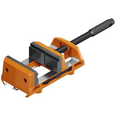 Una morsa arancione che blocca saldamente pezzi metallici. Ha una impugnatura e un meccanismo a vite per lavorazioni precise.