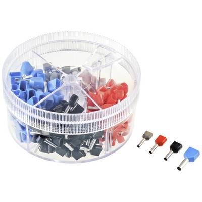 Scatola rotonda in plastica con morsetti per altoparlanti colorati (blu, rosso, nero, grigio). Accanto sono mostrati quattro morsetti singoli.
