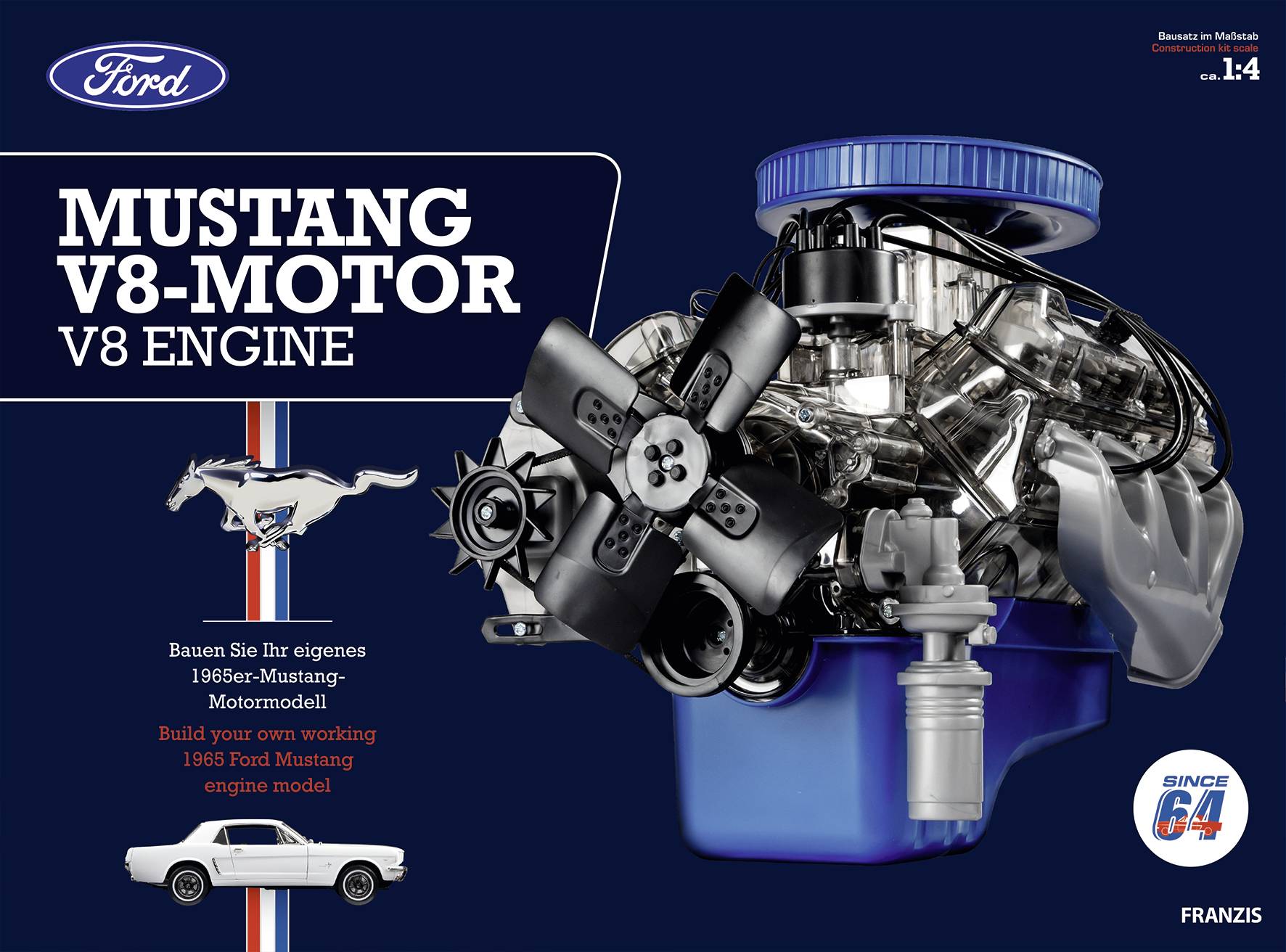 Scatola del kit di modellismo 'Motore V8 Mustang'. Contiene i pezzi per costruire un modello del motore di una Mustang del 1965. Logo Ford in alto a sinistra.