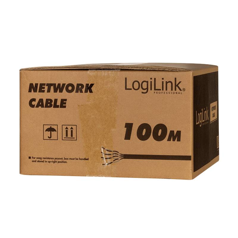 Una scatola marrone con la scritta 'Network Cable 100M' e 'LogiLink'. Simbolo di attenzione durante il trasporto stampato.