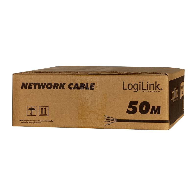 Una confezione marrone con la scritta 'NETWORK CABLE LogiLink PROFESSIONAL 50M'. Contiene un cavo di rete lungo 50 metri.
