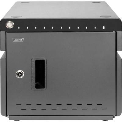 Un armadio di rete nero con porta e serratura anteriore, idoneo per la conservazione sicura di dispositivi elettronici.