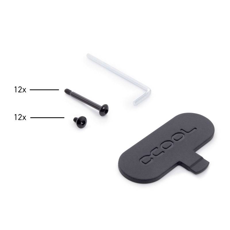 Set di viti: dodici viti nere, dodici dadi, una chiave esagonale. Include coperchio in plastica con scritta 'COOL'.