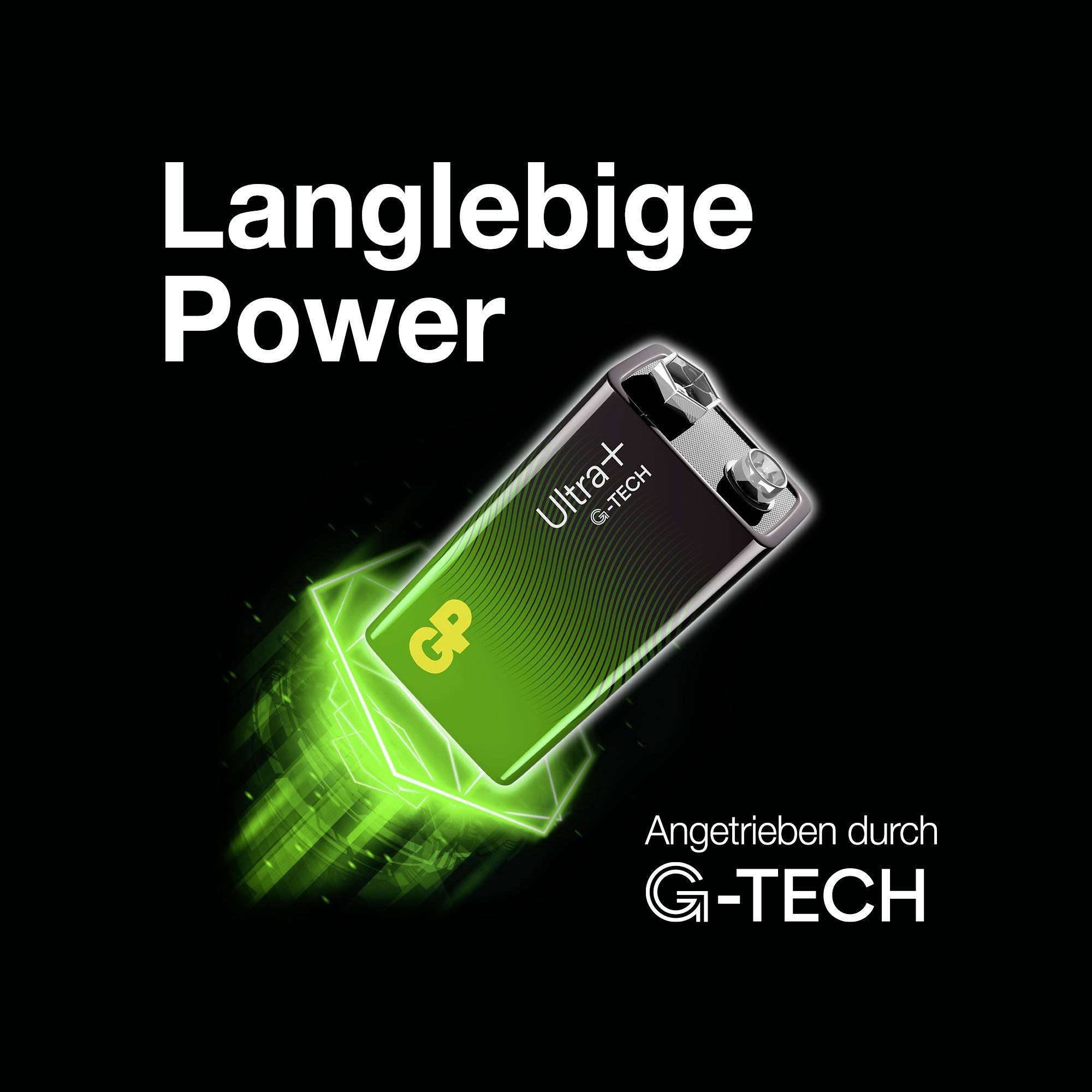 'Energia Duratura' con un'immagine di una batteria GP Ultra+ . Sotto è scritto: 'Alimentato da G-TECH'. La batteria risplende di verde.