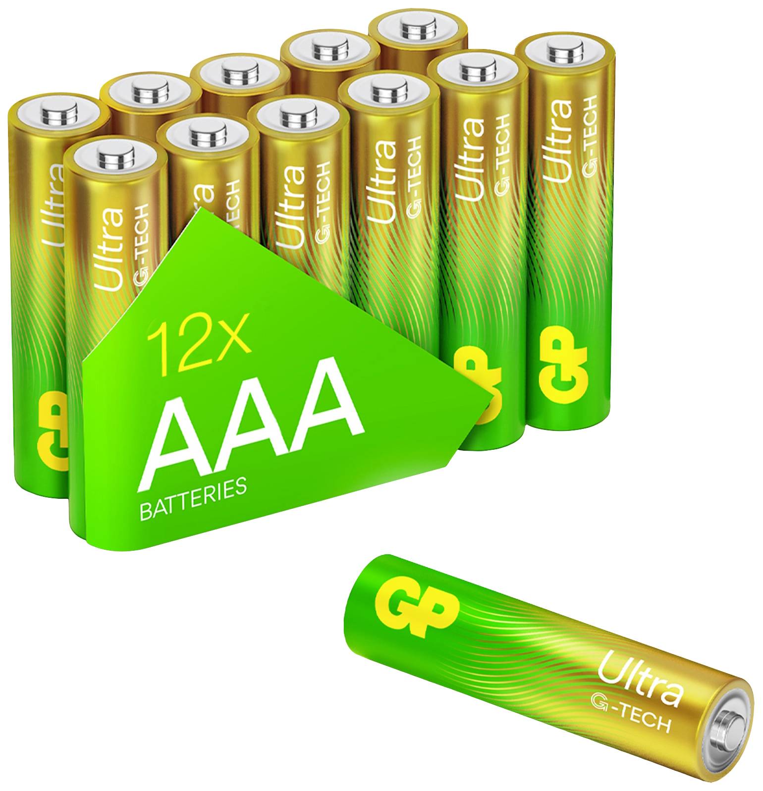 Immagine pubblicitaria di GP Ultra G-Tech: 12 batterie AAA nel pacchetto, più una singola batteria in primo piano.