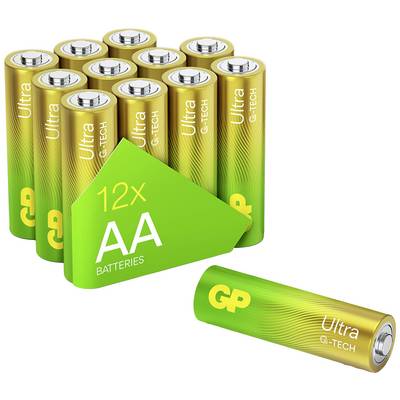 Immagine del prodotto di 12 batterie AA GP Ultra G-Tech; una batteria è posizionata separatamente davanti.