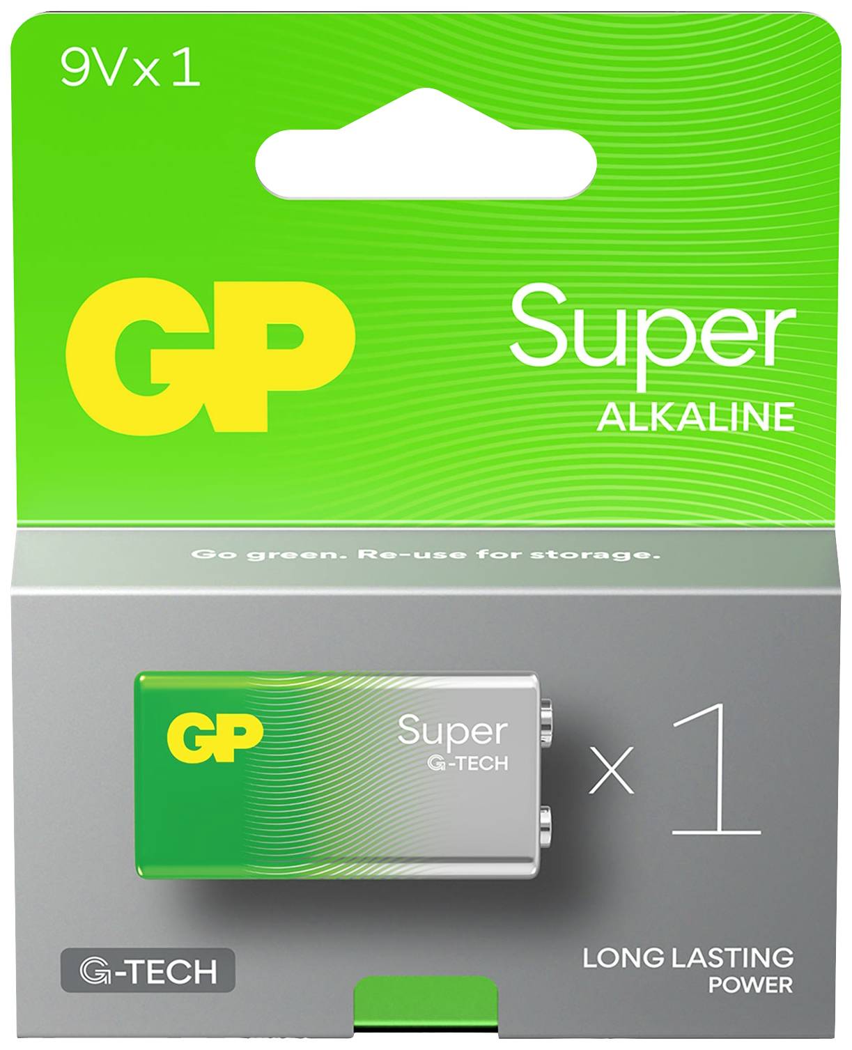 Confezione di una batteria GP Super Alkaline 9V con design verde, testi '1 x 9V', 'G-TECH' e 'Long lasting power'.