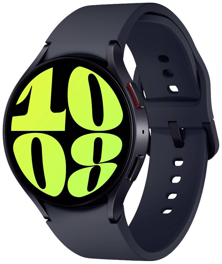 Un smartwatch nero con un grande quadrante verde chiaro mostra l'ora '10:08'.