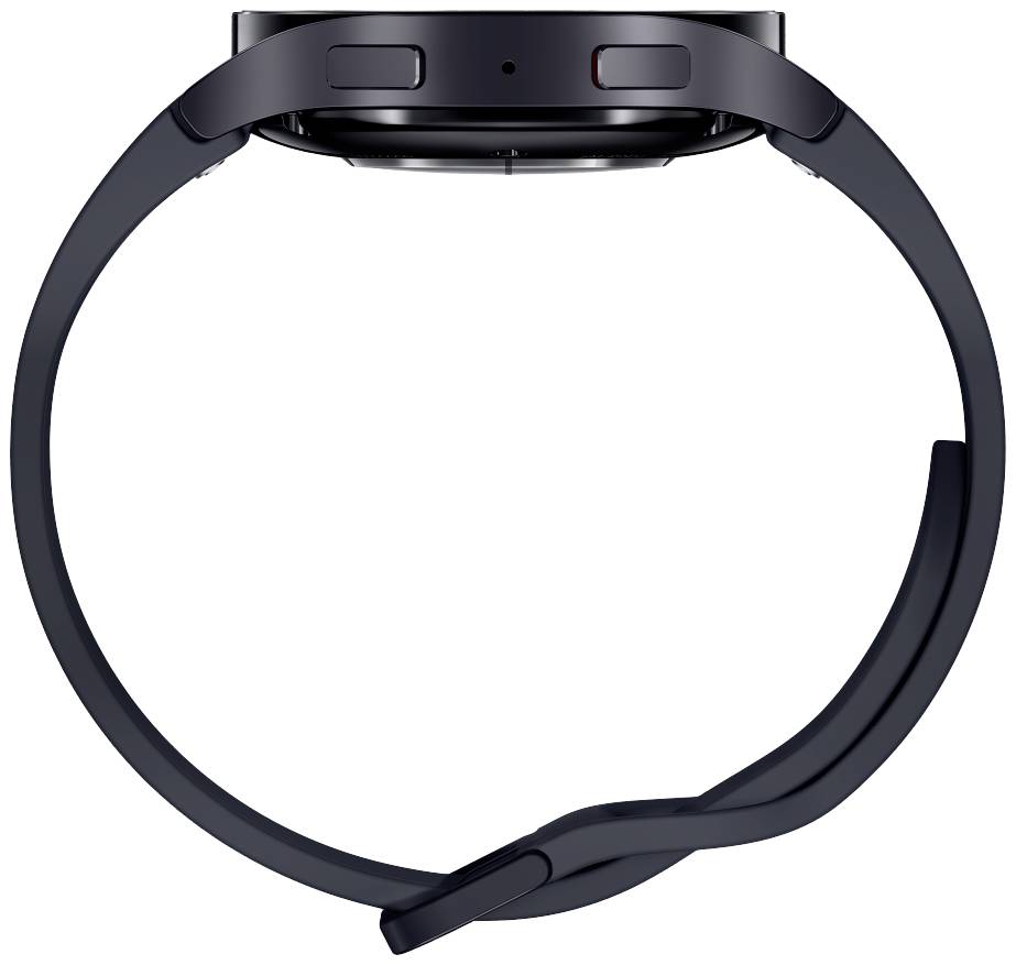 Smartwatch nera ripresa dall'alto, che mostra il cinturino e i pulsanti laterali dell'orologio.