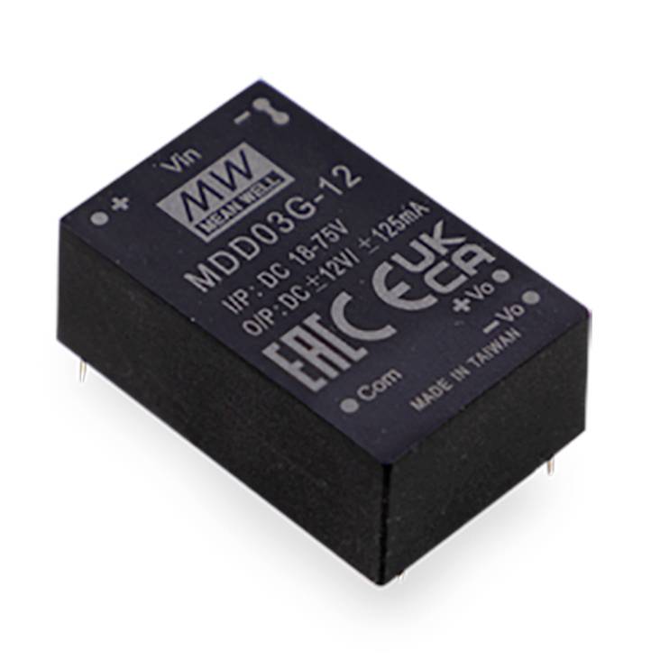 'Convertitore DC-DC nero con etichette: Ingresso 18-75V, Uscita ±12V, 125mA. Nome del marchio, certificazioni e luogo di origine visibili.'