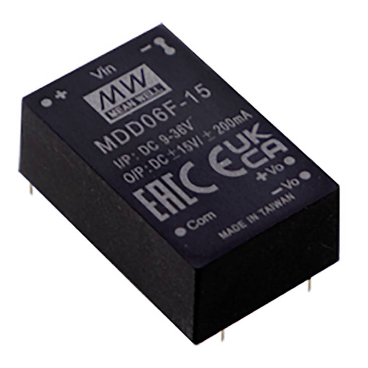 'Convertitore DC-DC rettangolare nero di MW, Modello MDD06F-15, con specifiche di tensione di ingresso e uscita.'