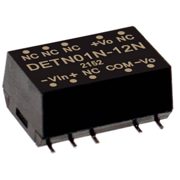 'DETN01N-12N Convertitore di tensione' con connettori per +Vo, -Vo, -Vin, NC e COM. Involucro rettangolare nero con scritta dorata.