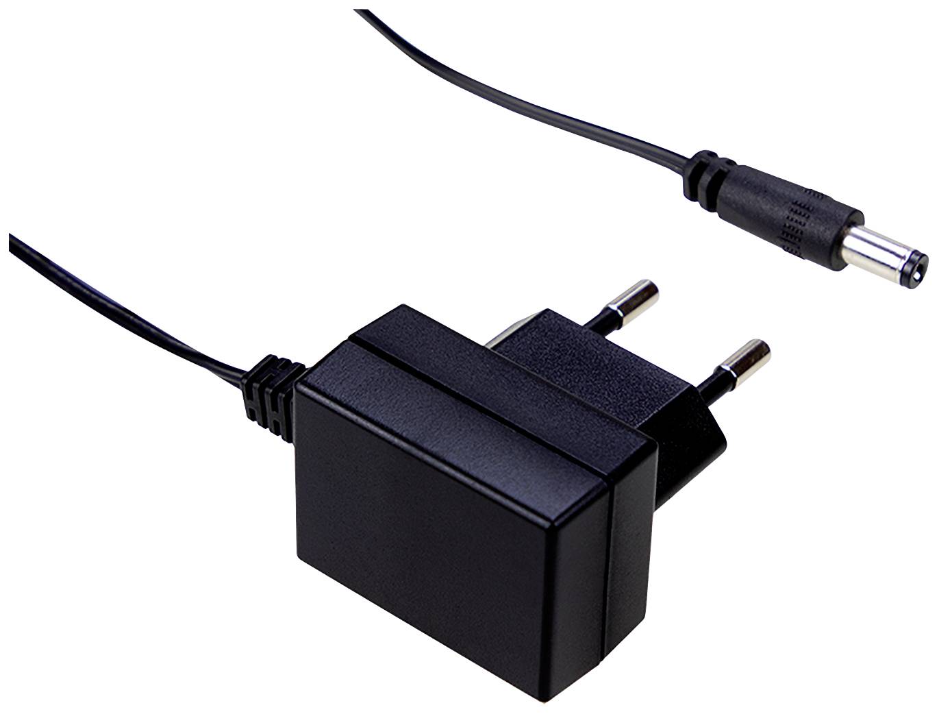 Caricabatterie nero con spina europea e un cavo con connettore a innesto circolare, per l'alimentazione di dispositivi elettronici.