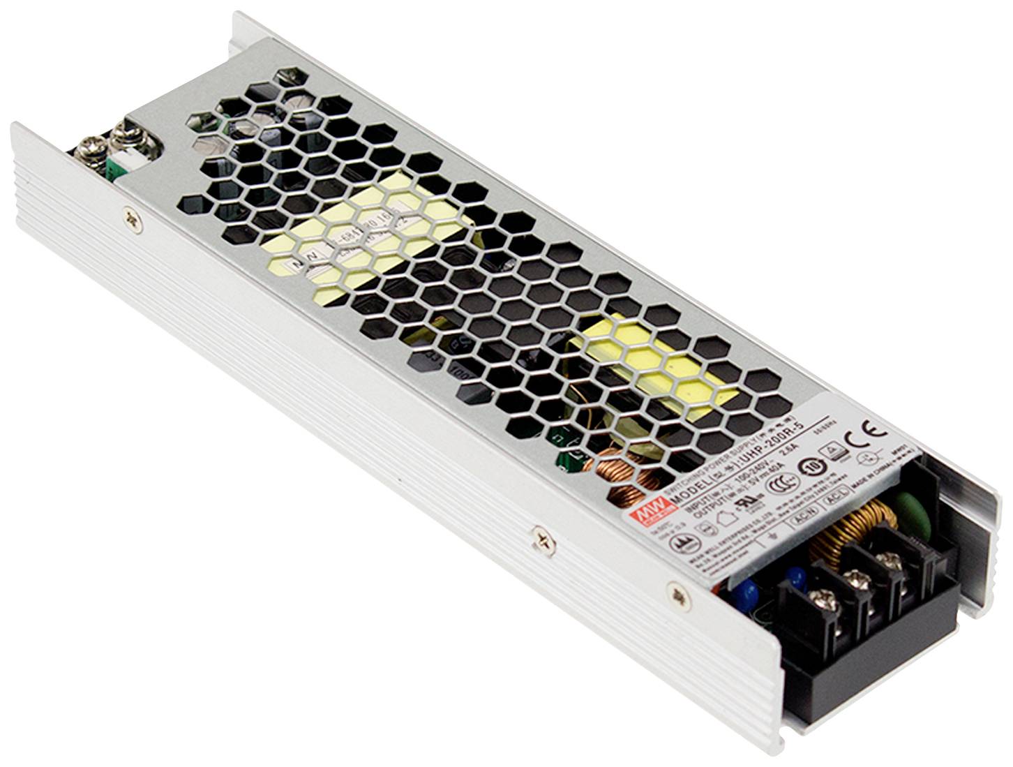 Alimentatore switching con involucro metallico e griglie di ventilazione per dispositivi elettronici, con specifiche del produttore e caratteristiche tecniche visibili.