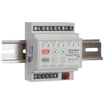 Attuatore Universale KAA-8R-S di MEAN WELL per 230VAC/16A, montato su guida DIN, con elementi di comando e connessioni.