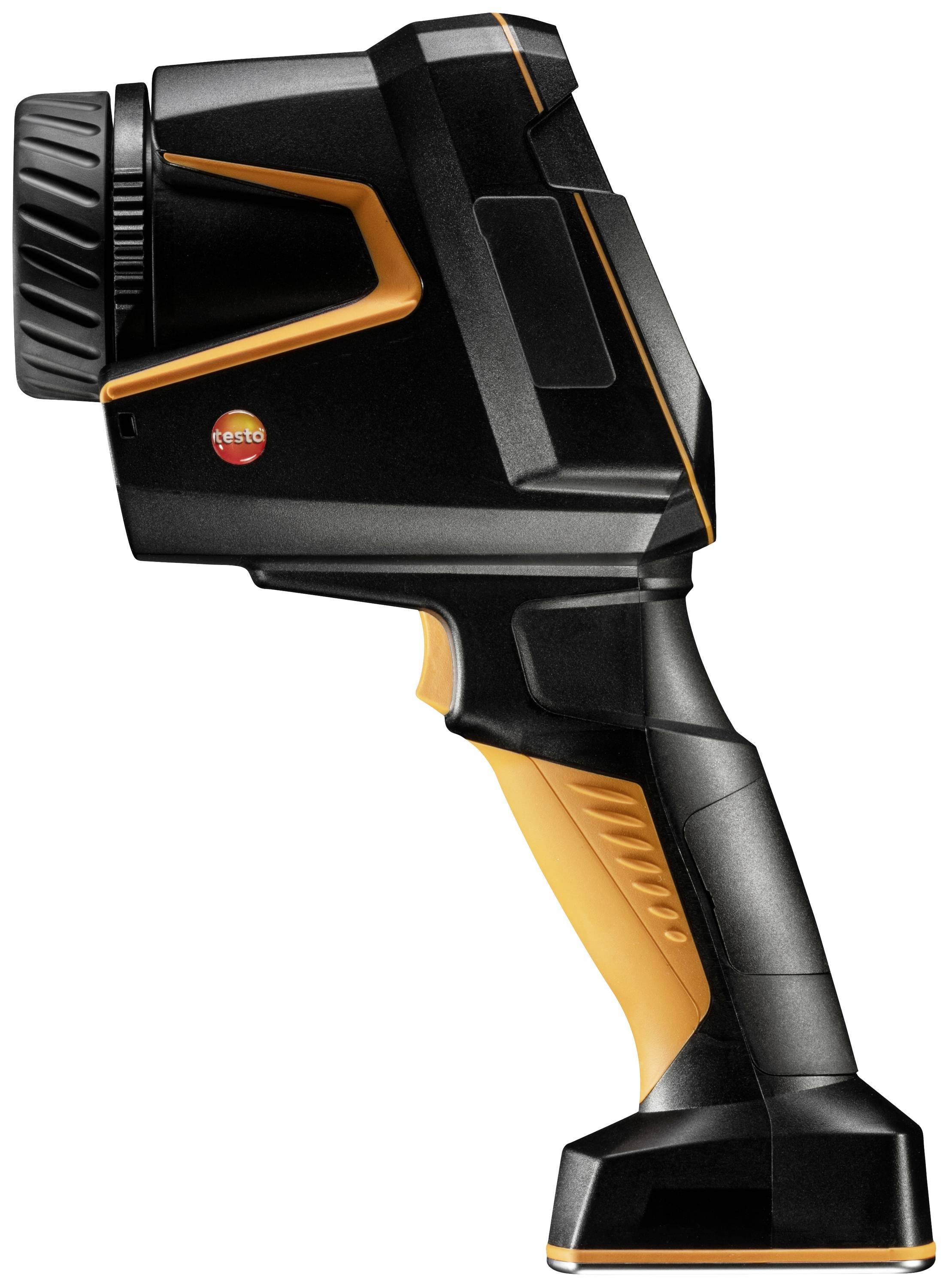 Una telecamera termica nero e arancione con impugnatura ergonomica, vista laterale.