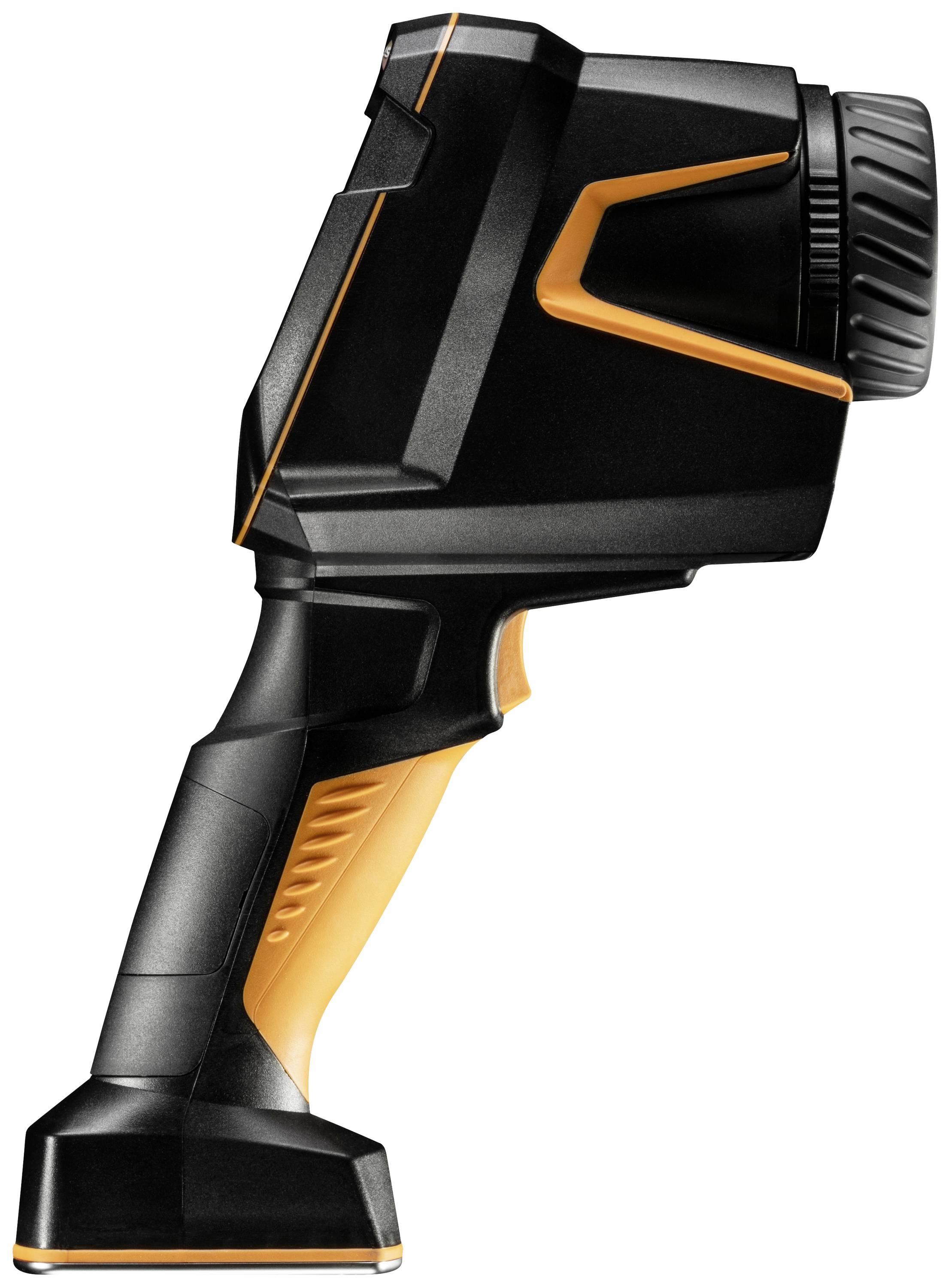 Pratico telemetro laser nero e arancione con ruota di accoppiamento, in posizione verticale. Design moderno per misurazioni precise.