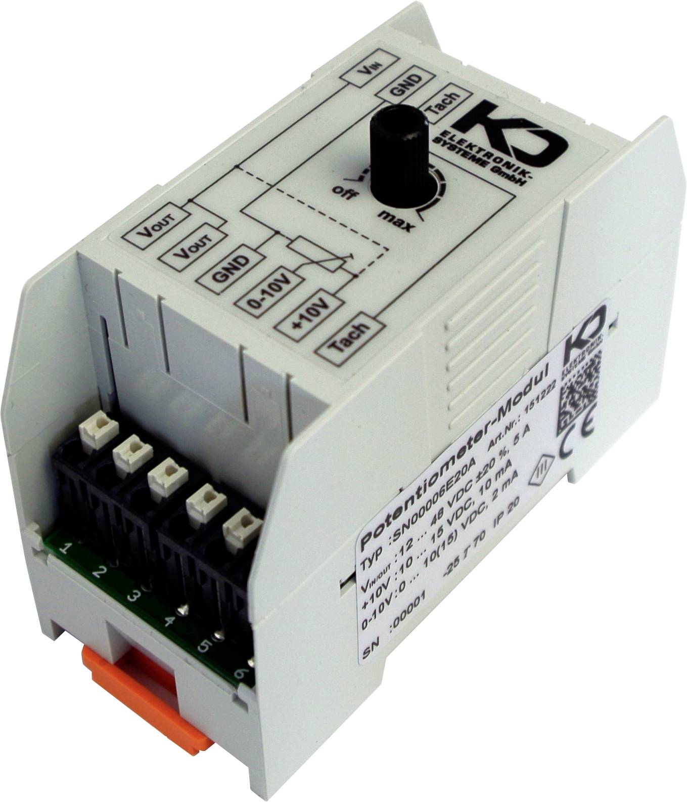 Modulo Potenziometro, dispositivo con manopola regolabile, connessioni di ingresso/uscita etichettate e specifiche sul lato. Utilizzato per il controllo elettrico.