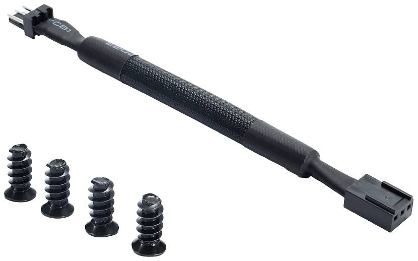 Adattatore per cavi con quattro viti su sfondo bianco. L'adattatore ha connettori di colore nero, con impugnatura zigrinata, su entrambe le estremità.