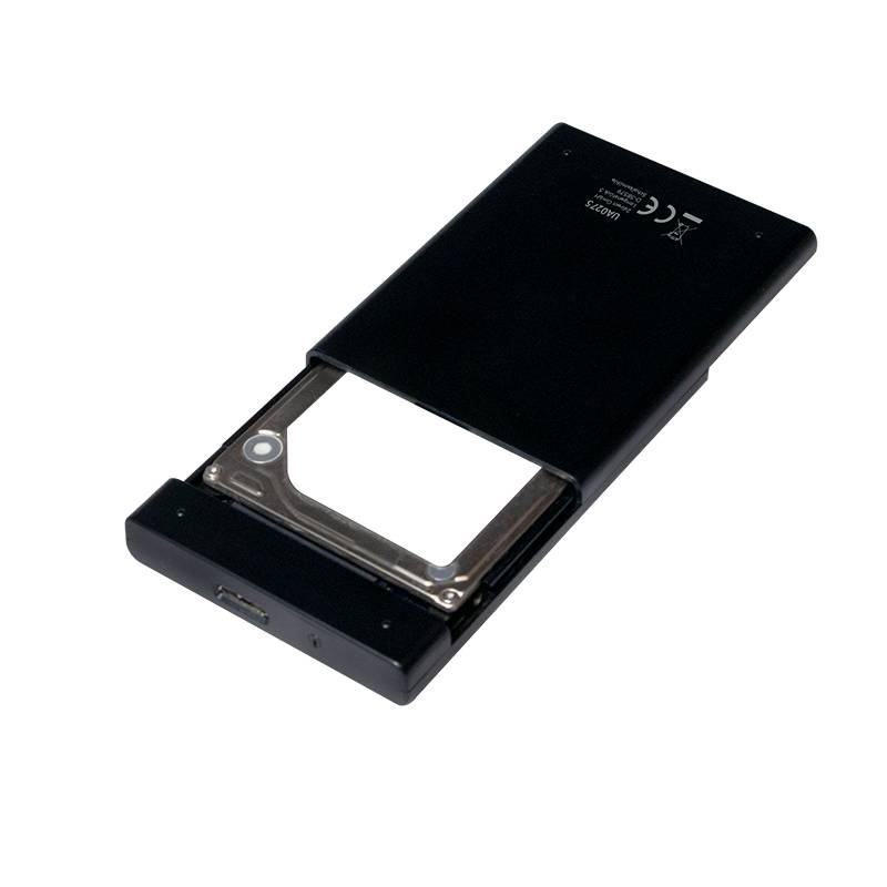 Custodia esterna per hard disk in metallo nero, compatibile con hard disk da 2,5 pollici, con porta USB sul lato inferiore.