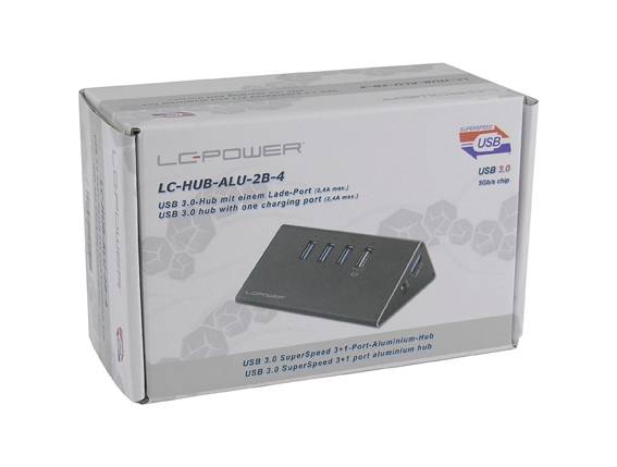 'Hub USB 3.0 LC-Power con una porta di ricarica e tre porte USB 3.0. Modello: LC-HUB-ALU-2B-4. La confezione mostra il dispositivo in alluminio.'