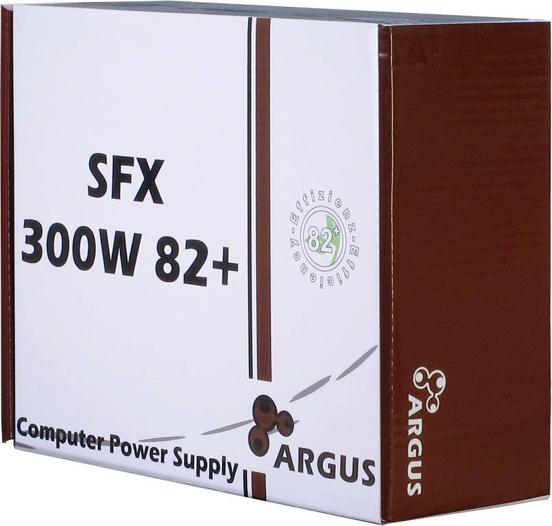 La confezione mostra un alimentatore Argus da 300W con la denominazione "SFX 300W 82+". Contiene un logo di risparmio energetico.