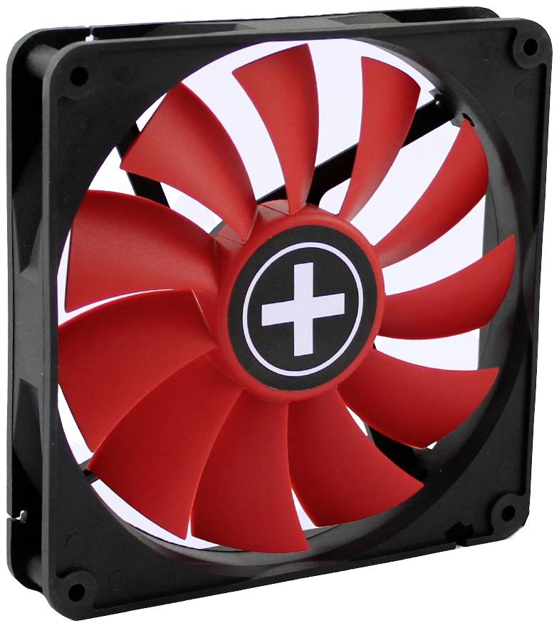 Un ventilatore per computer rosso con cornice nera e un segno più bianco al centro.