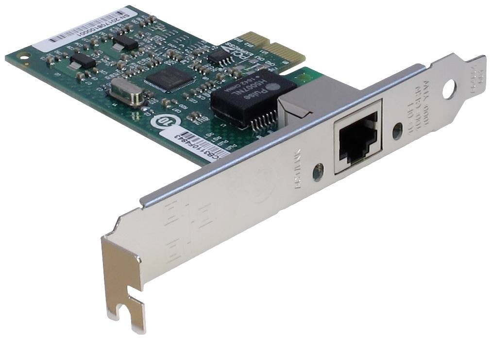 Una scheda di rete PCIe con connettore RJ-45 per computer, adatta per connessioni Ethernet. Ha una scheda circuitale verde.