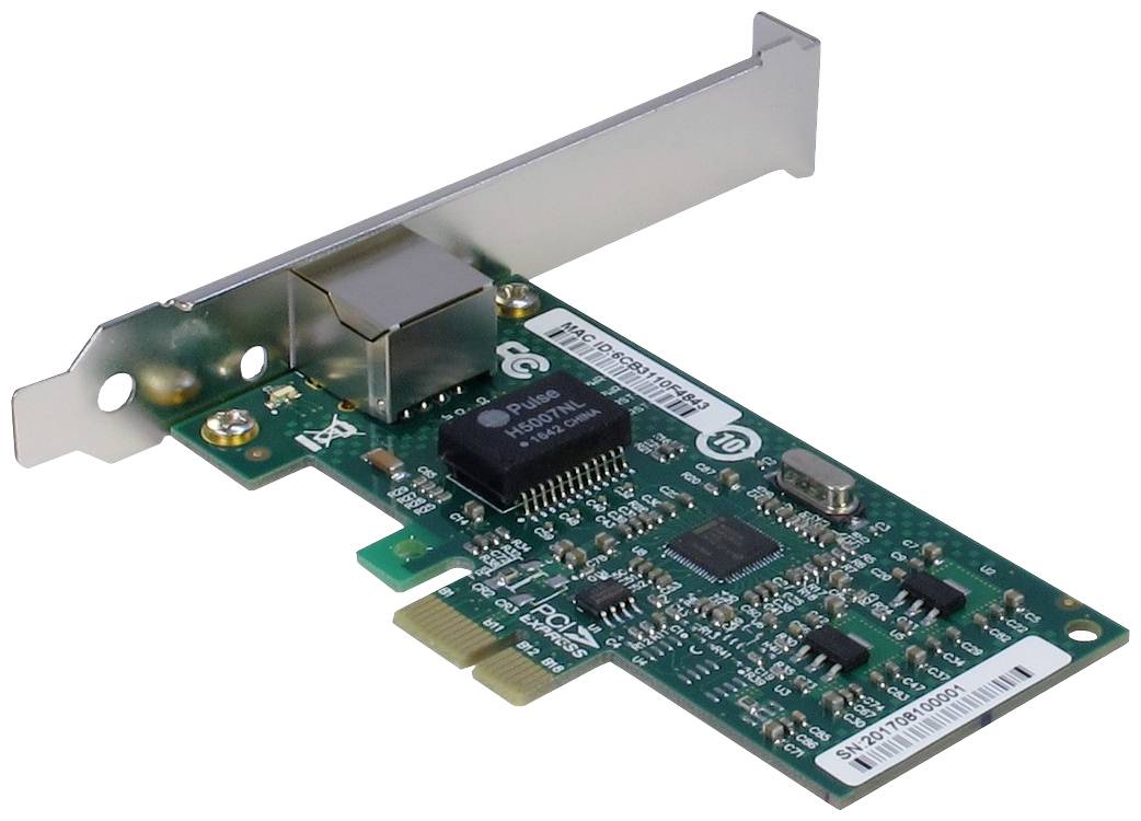 Scheda di rete con interfaccia PCIe, verde, con vari componenti elettronici e una porta Ethernet.