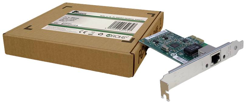 Scheda di rete con interfaccia PCI e connettore Ethernet accanto alla confezione originale del produttore.