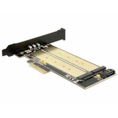 Scheda adattatore per l'installazione di due SSD M.2 in uno slot PCIe, con contatti dorati e protezione termica nera.