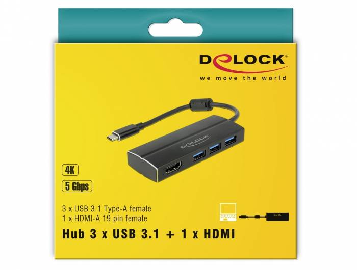 Confezione di un hub USB 3.1 con tre porte USB e una porta HDMI. Nome del marchio 'Delock', sfondo giallo.
