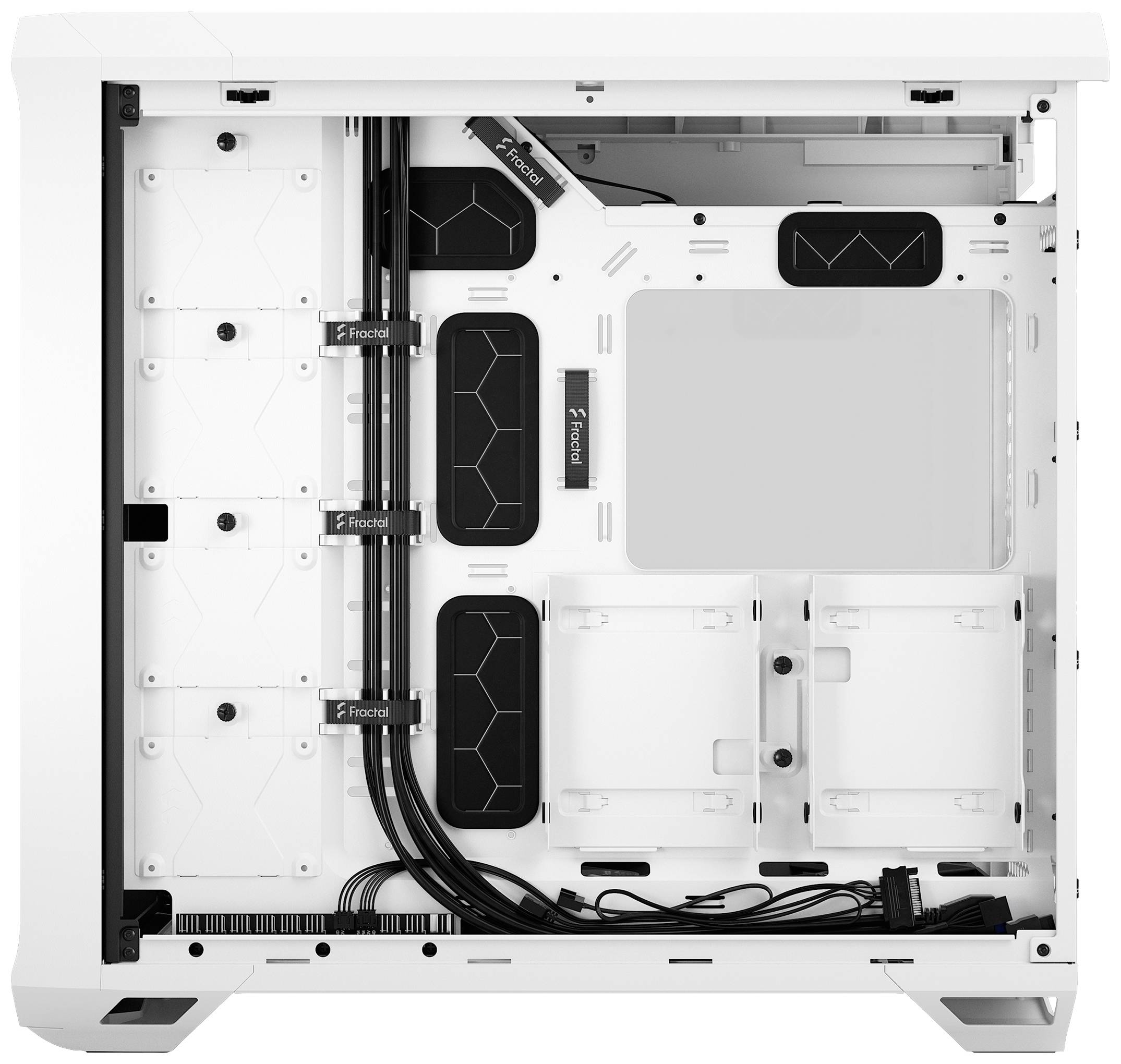 Un case per PC bianco con il pannello laterale aperto mostra la gestione dei cavi e i supporti per hard disk e componenti.