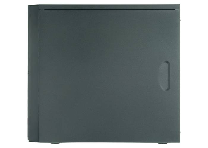 Torre del computer scura, rettangolare, priva di marchi o dettagli visibili.