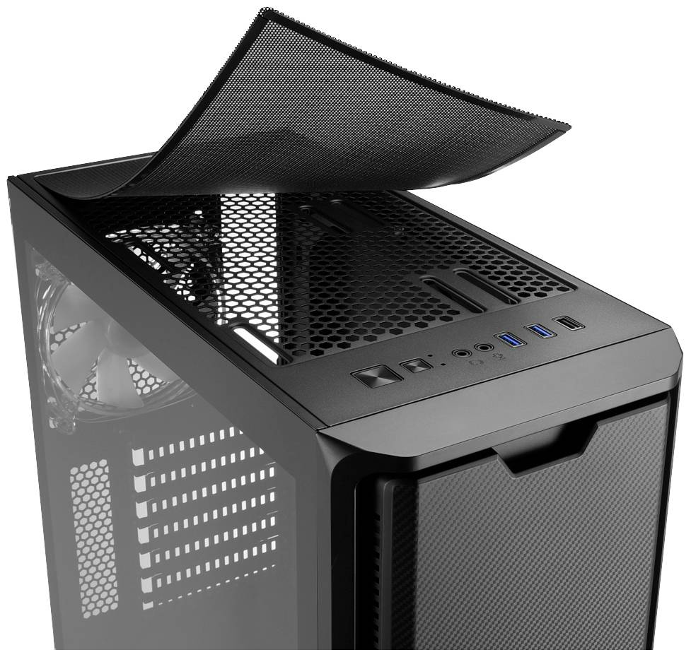 Custodia per PC nera con filtro antipolvere aperto nella parte superiore, ventole e porte di connessione visibili; design moderno.