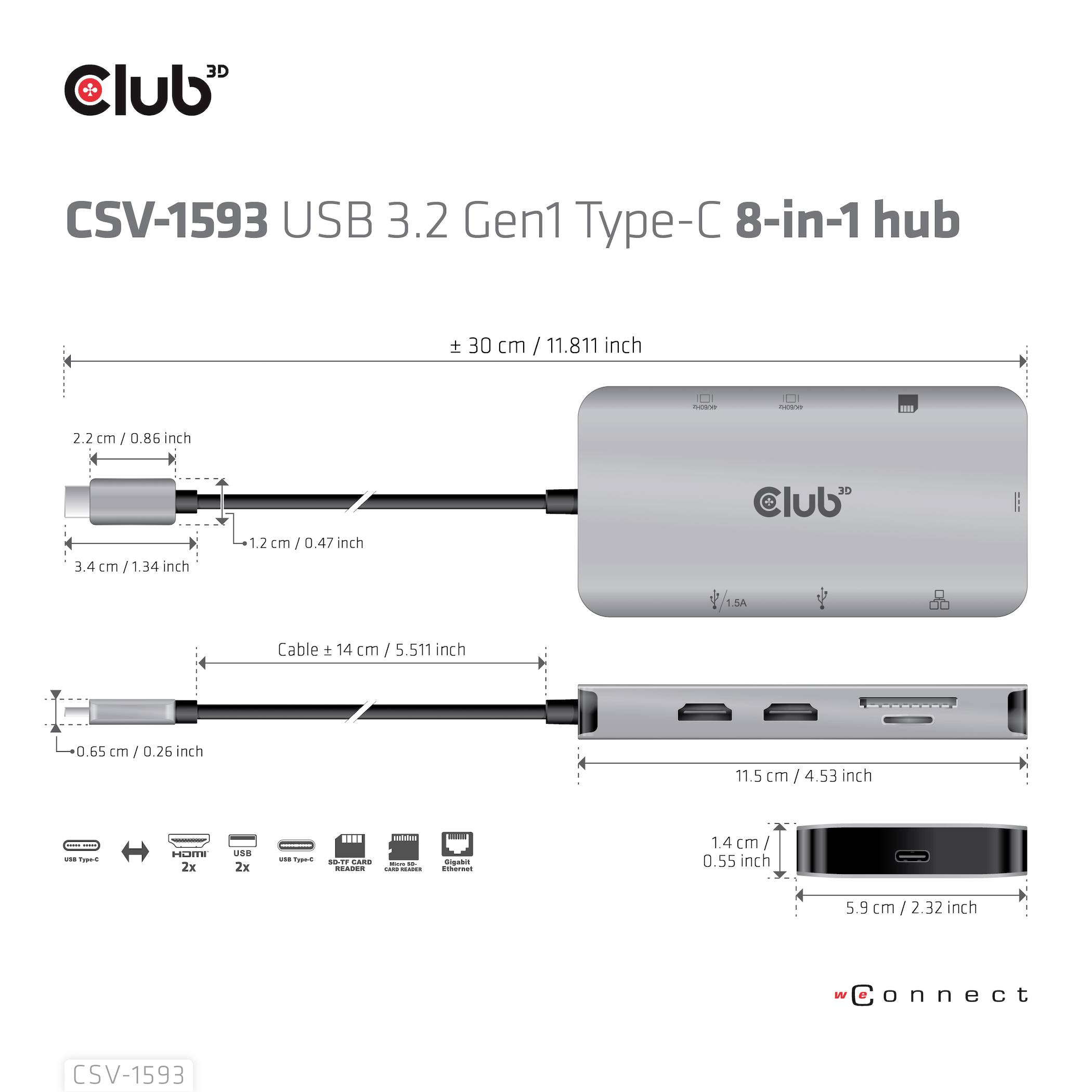 Hub USB-C con 8 porte, tra cui HDMI, Ethernet e USB. Dimensioni: 11,5 cm di lunghezza, 3 cm di larghezza. Cavo lungo 14 cm. Ideale per una connettività versatile.