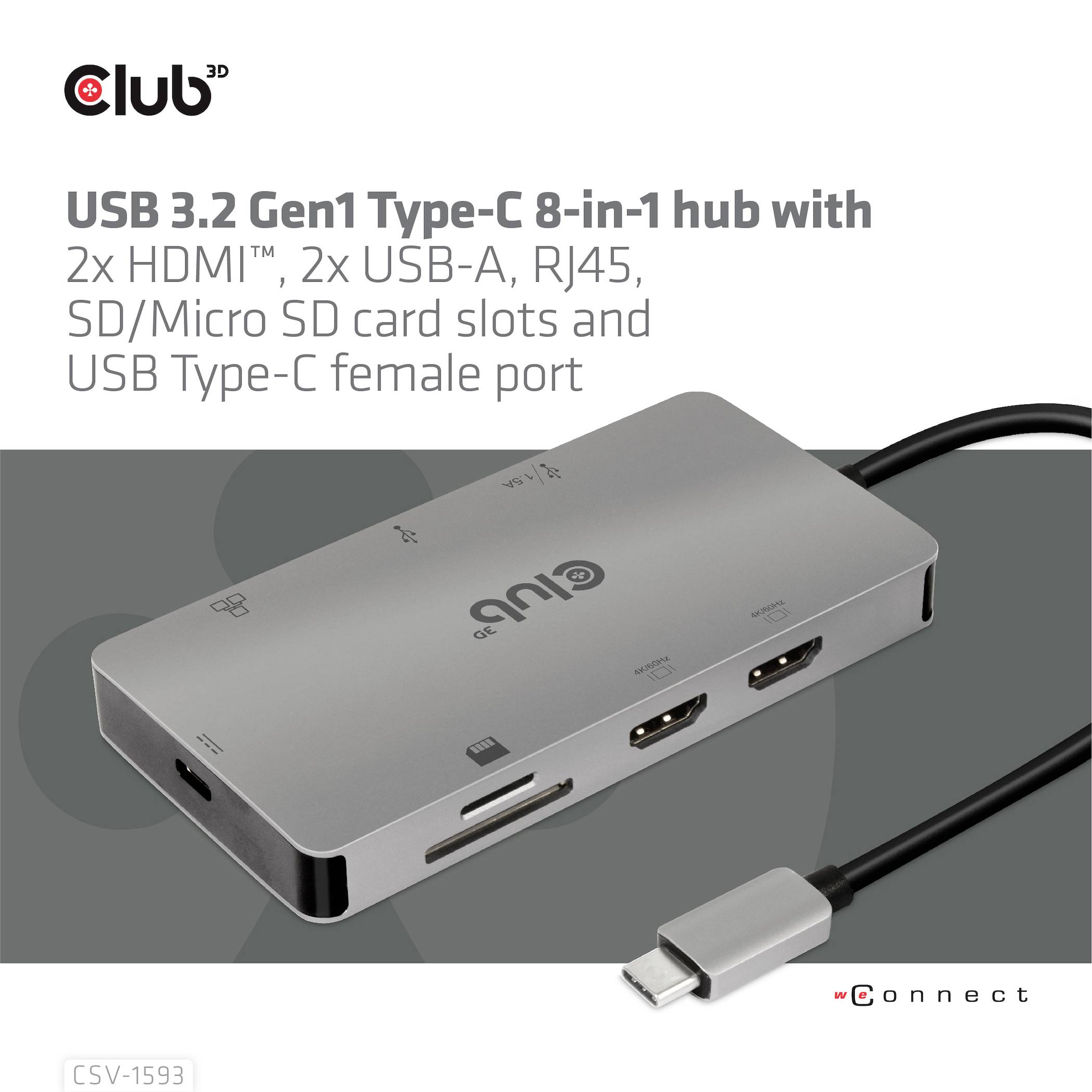 Hub USB 3.2 Gen1 Type-C 8 in 1 con 2x HDMI, 2x USB-A, RJ45, slot per schede SD/Micro-SD e porta USB-C, design argentato.
