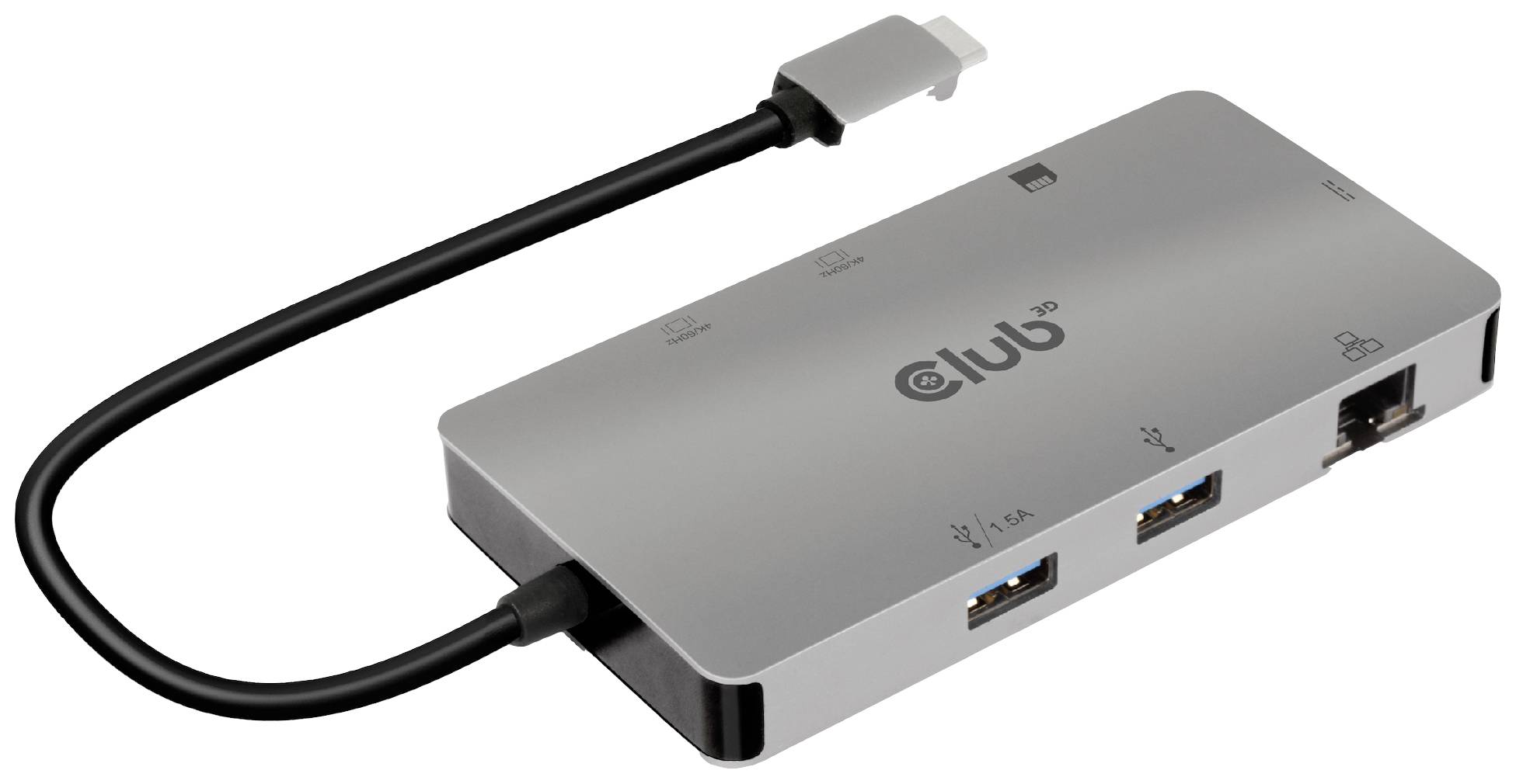 Un hub USB-C argentato con molteplici porte, tra cui HDMI, USB-A, Ethernet e USB-C. Collegato tramite un cavo nero. Ideale per laptop.