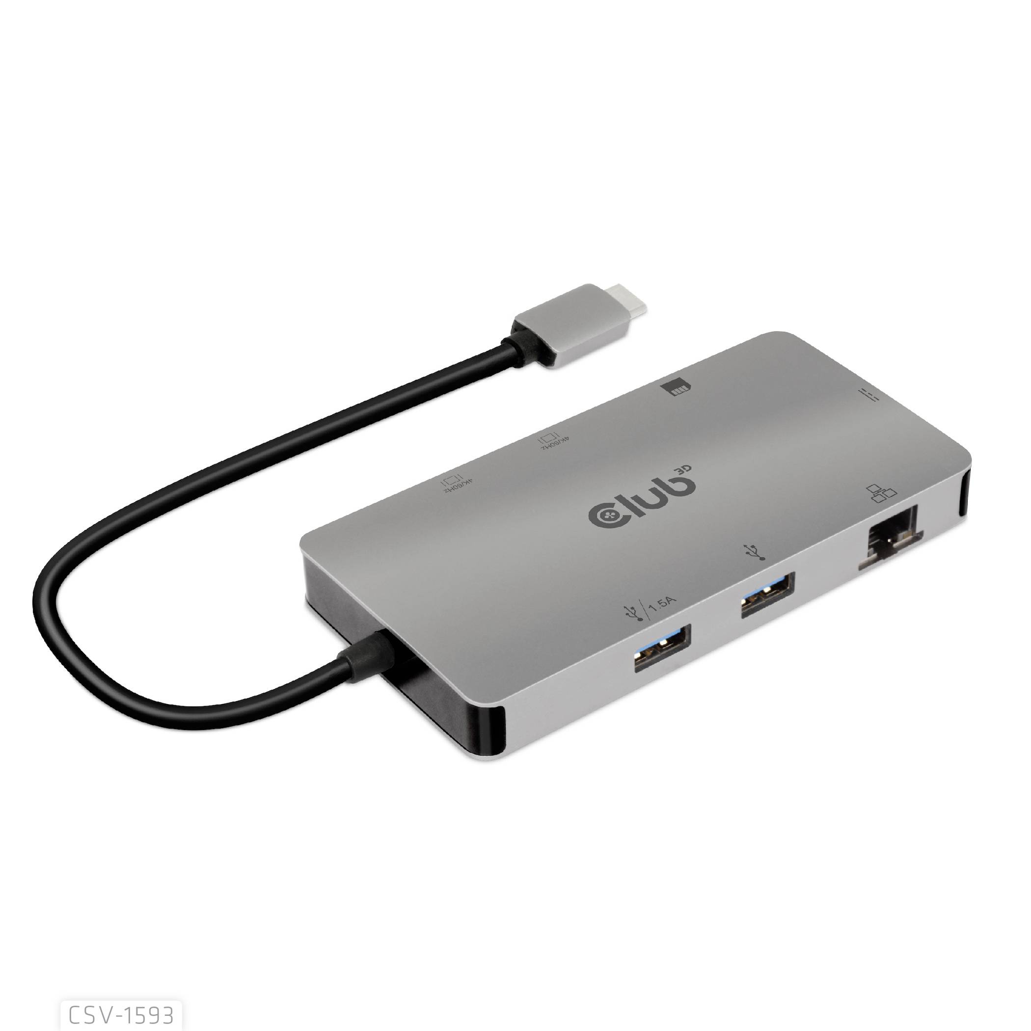 Un hub USB grigio con un cavo di connessione USB-C. Dispone di tre porte USB e una porta Ethernet sul lato frontale.