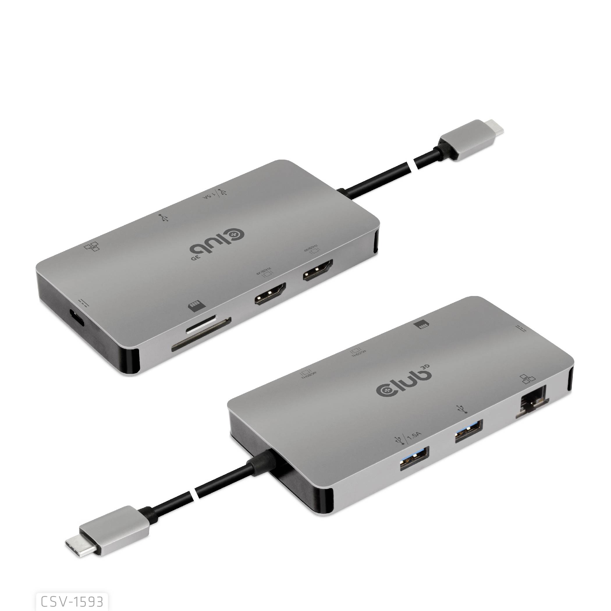 Un hub USB-C grigio con multiple porte, tra cui due HDMI, due USB-A, un lettore di schede SD e una porta USB-C. Ideale per espansioni del laptop.