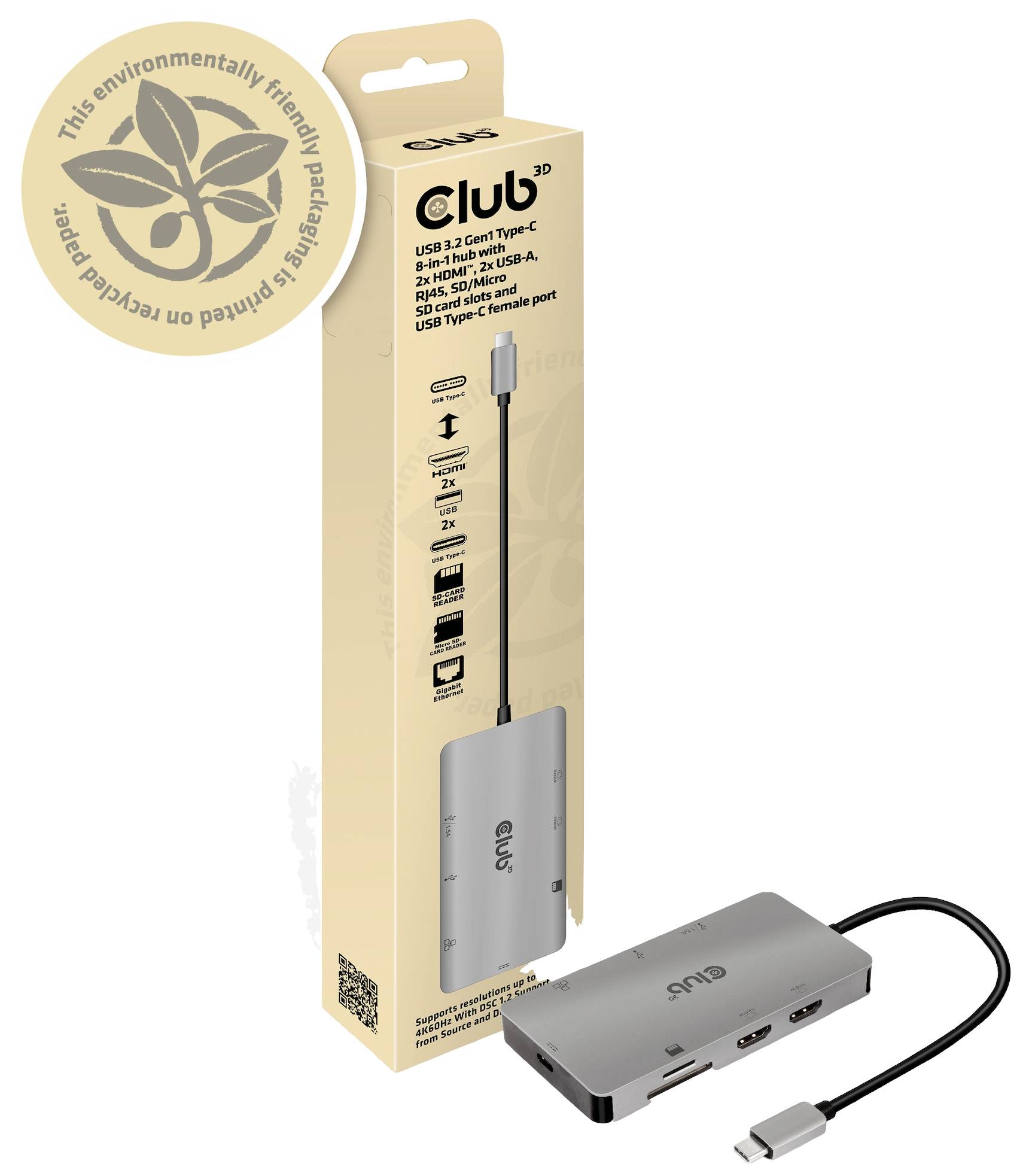 Confezione e adattatore 'Club 3D USB 3.2 Gen1 Type-C Multiport Adapter'. L'adattatore dispone di porte HDMI, USB ed Ethernet. Confezione ecologica.