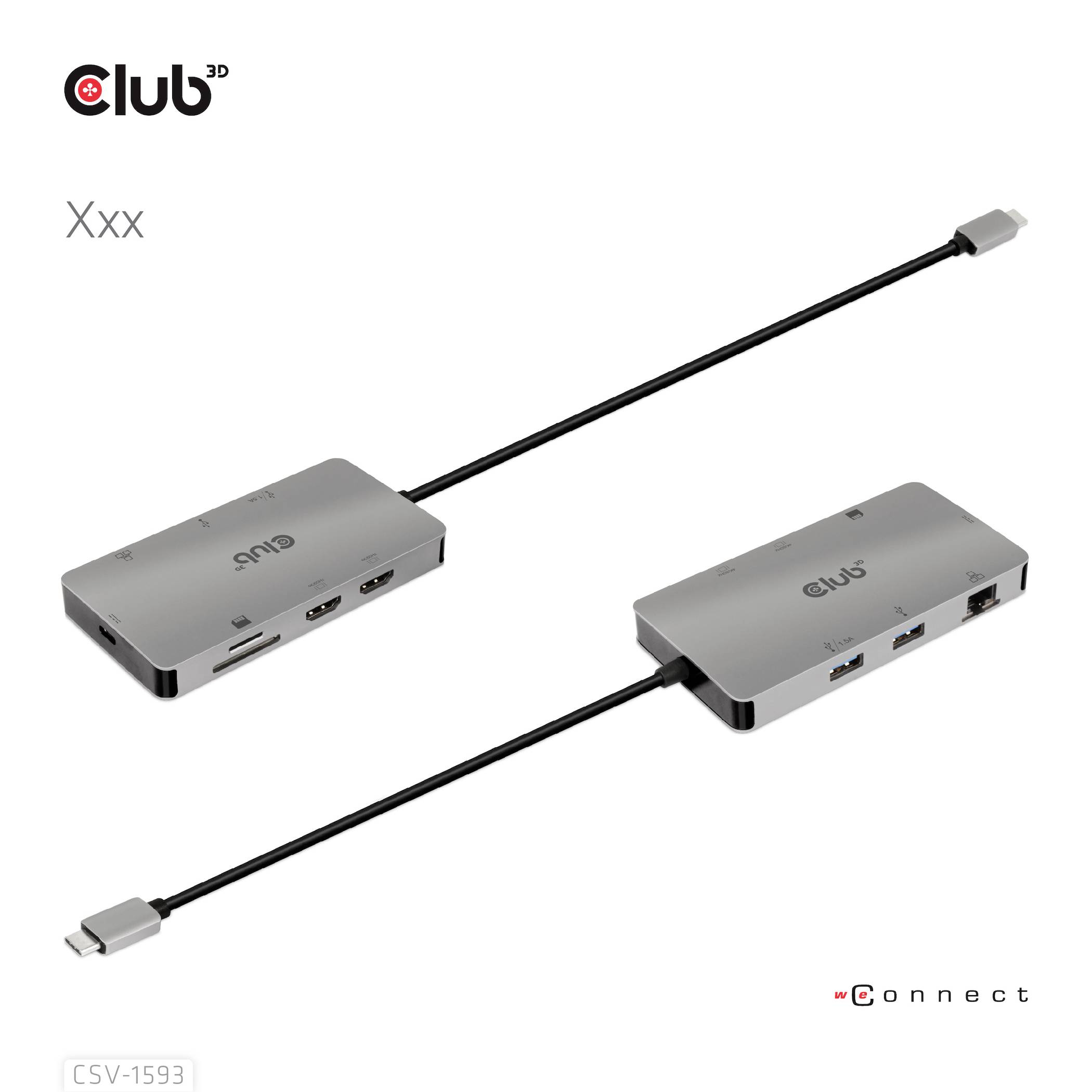 Hub USB-C 'Club 3D' multporta, con porte tra cui HDMI e USB. Mostra il fronte e il retro dell'hub con il cavo.