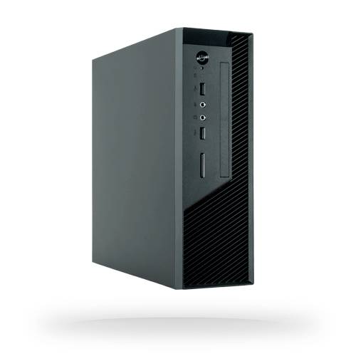 Un tower nero e compatto per computer, con porte USB e audio sul lato frontale, ripreso leggermente di sbieco dalla parte anteriore.
